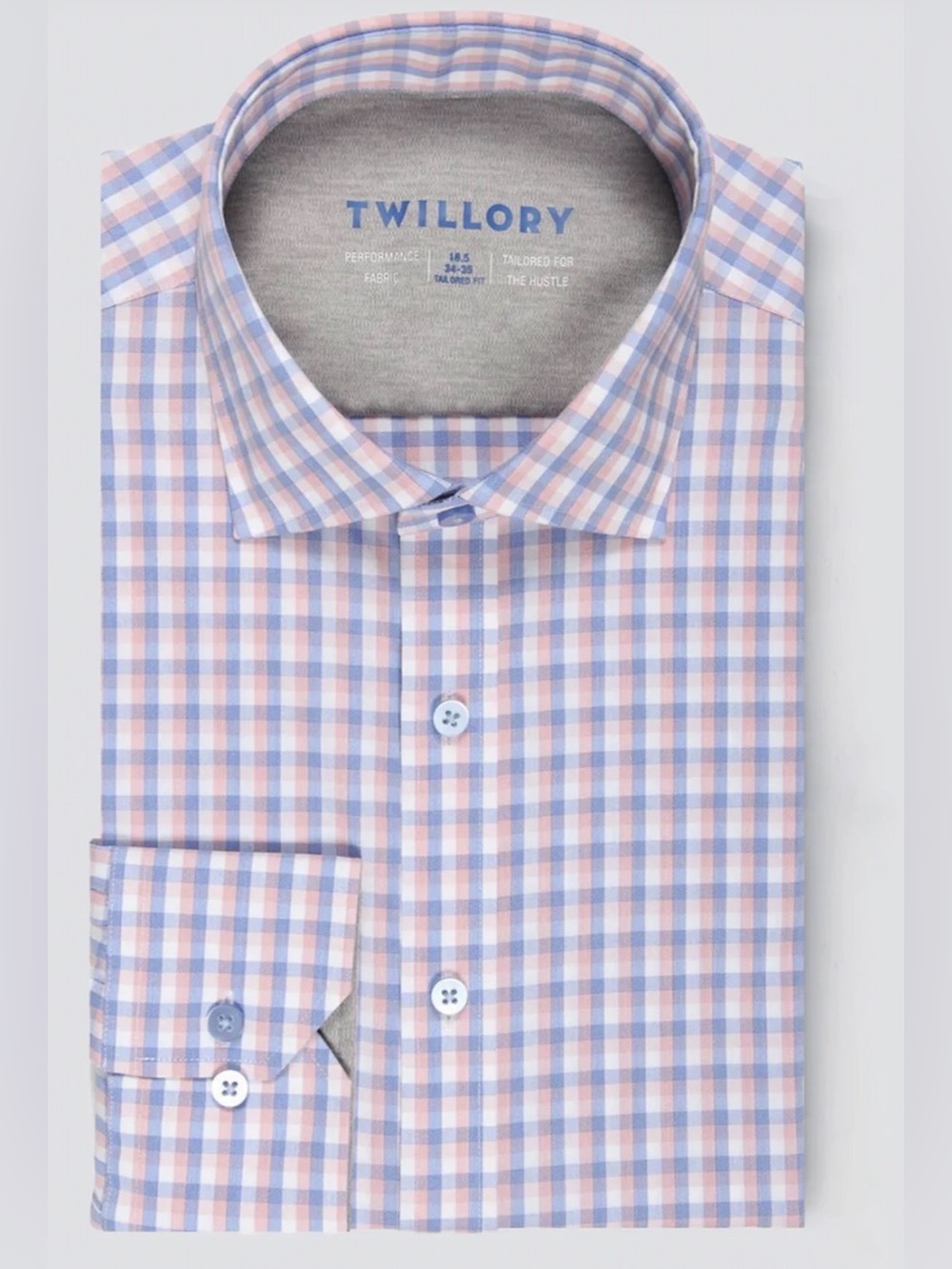 NWOT Twillory Peach Blue Plaid Leader Non-Iron Button Tailored Shirt Sz 17 34-35